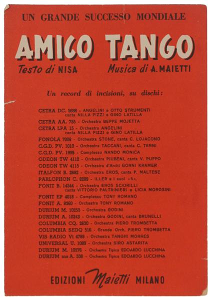 Amico Tango. Spartito X Canto Mandolino O Fisarmonica - Nisa, Maietti - Edizioni Maietti, - 1953 - copertina