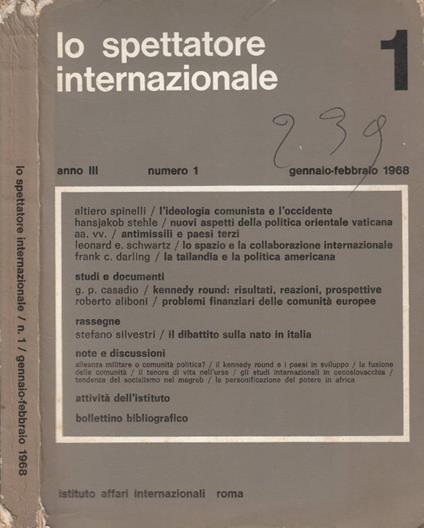 Le spettatore internazionale anno III, numero 1, gen-feb 1968 - Altiero Spinelli - copertina