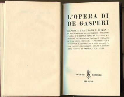 L' opera di De Gasperi. Rapporti tra Stato e Chiesa - Palmiro Togliatti - copertina