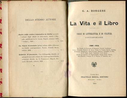 La Vita e il Libro. Saggi di letteratura e di cultura contemporanee 1909-1910 - Giuseppe Antonio Borgese - copertina
