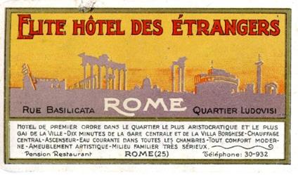 Targhetta pubblicitaria Elite Hotel des Etrangers,  Roma, 1925 - Anonimo calalabrese - copertina