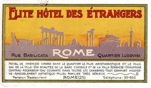 Targhetta pubblicitaria Elite Hotel des Etrangers,  Roma, 1925 - Anonimo calalabrese - copertina