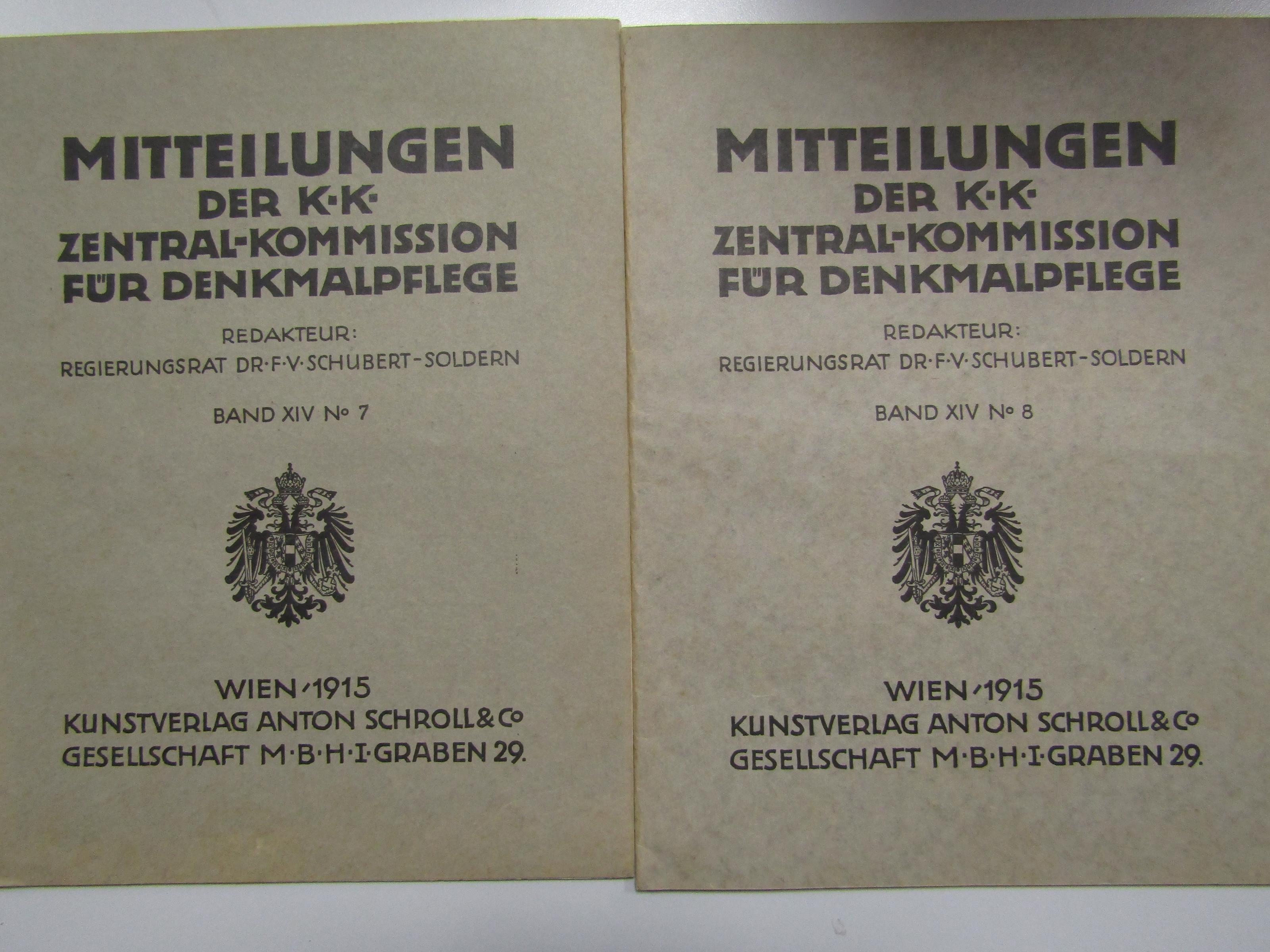 AA.VV. Mitteilungen der k.k. Zentral-Kommission für Denkmalpflege. Schroll. Completa. 1915