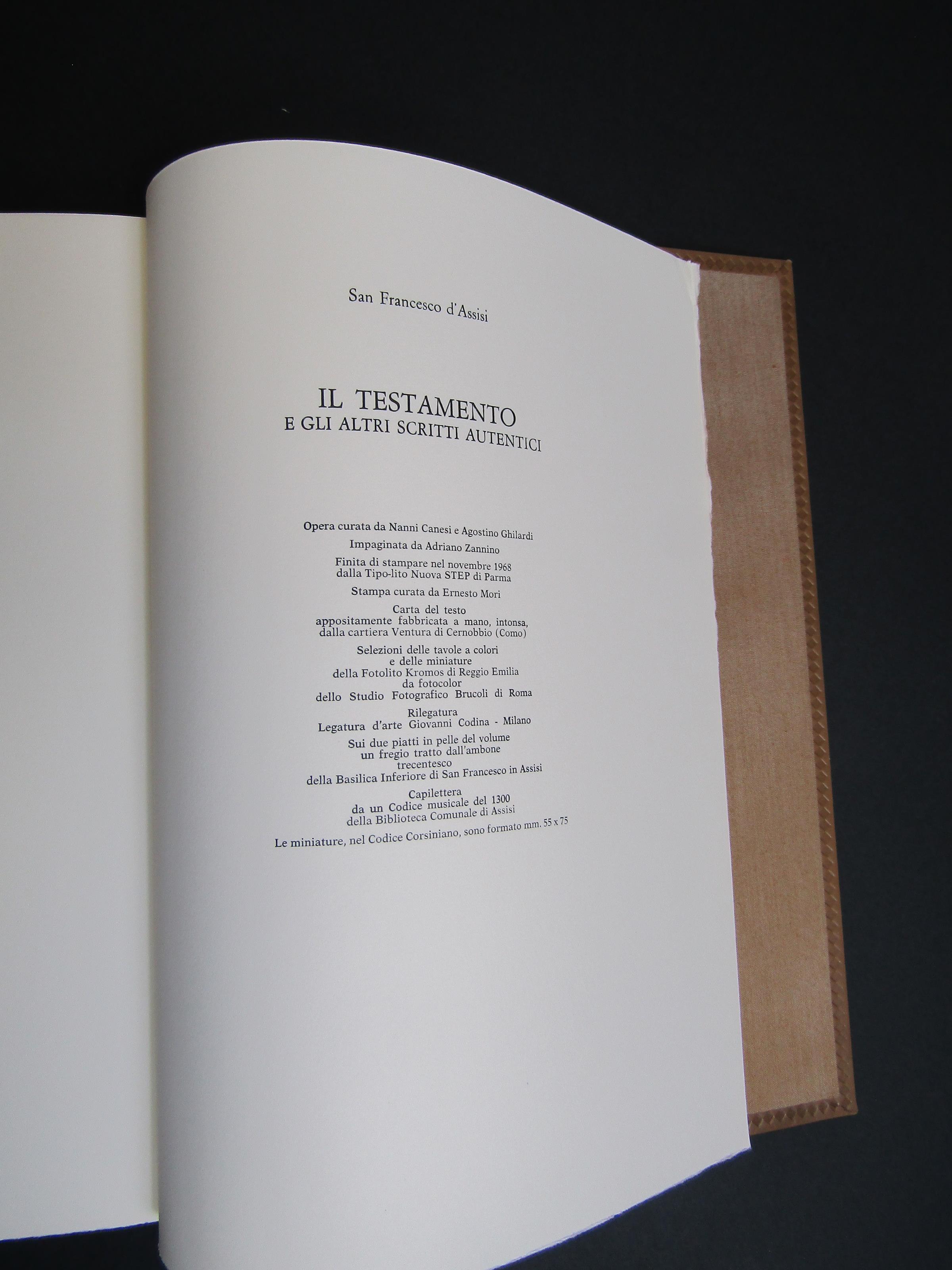 San Francesco d'Assisi. Il testamento e gli altri scritti autentici. Canesi. 1968. Ed. num., ns es. n. CCLXVIII/D. Con cofanetto con scultura di Assen Peikov