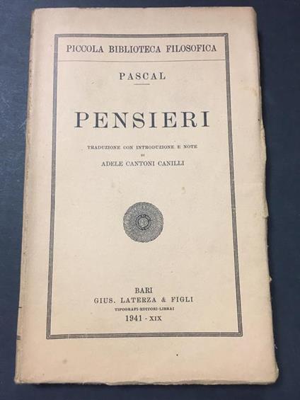Pensieri. Laterza. 1941 - Pascal - copertina