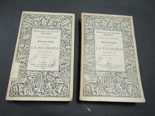 La filosofia greca. 2 voll. Gius. Laterza e figli. 1921 - Guido De Ruggiero - copertina