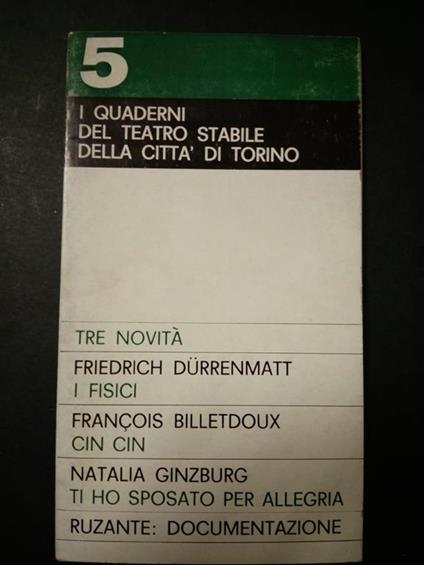 I quaderni del teatro stabile della città di Torino n.5. Edizioni del teatro stabile. 1965 - copertina