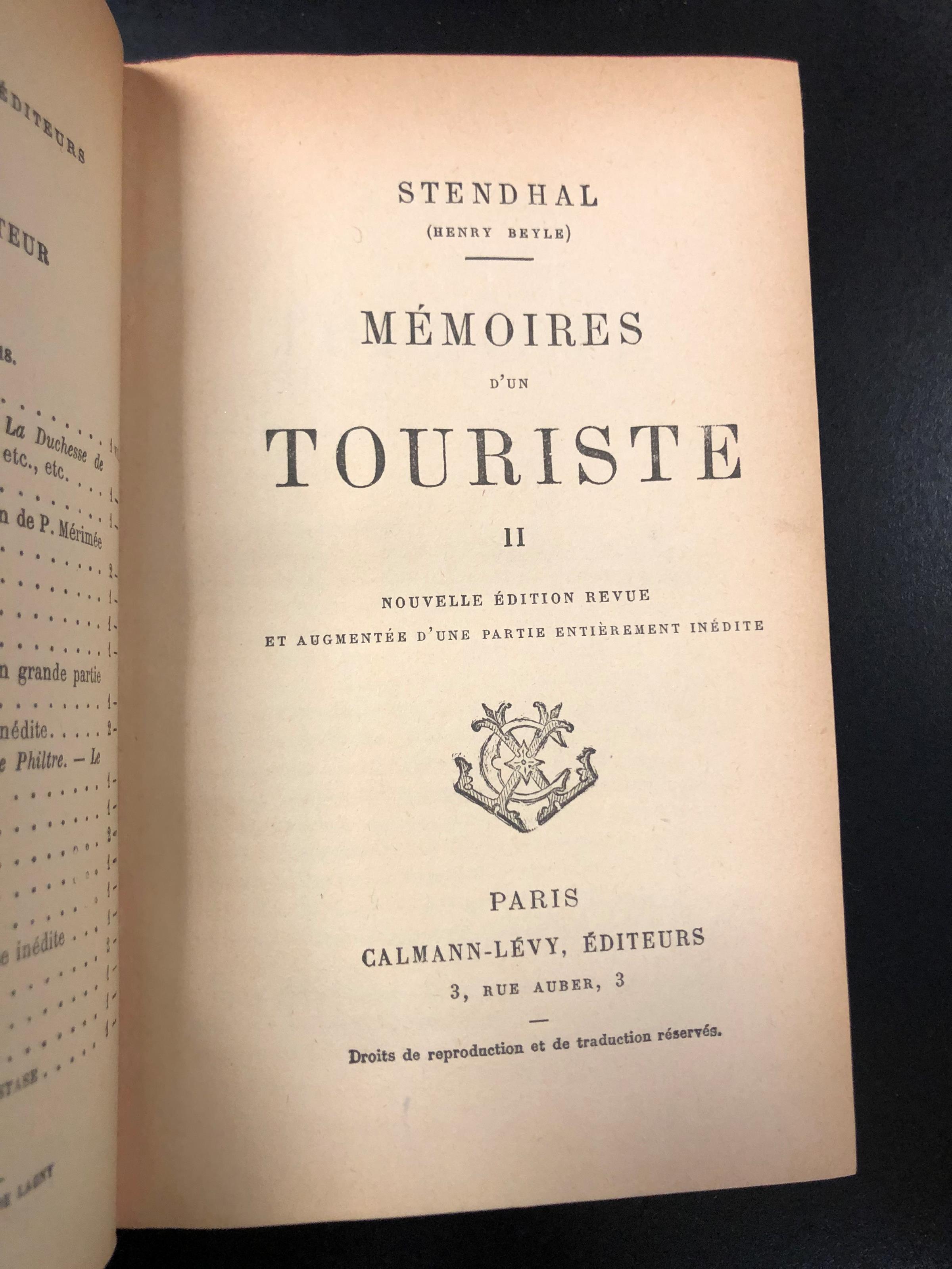 Stendhal. Memoires d'un touriste. 2 voll. Calmann-Levy Editeurs