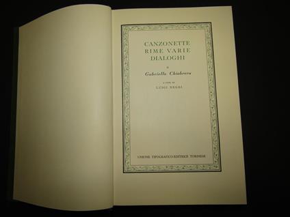 Canzonette rime varie dialoghi. a cura di Luigi Negri. UTET. 1968 - Gabriello Chiabrera - copertina