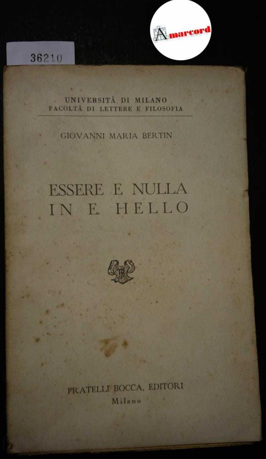Bertin Giovanni Maria, Essere e nulla in E. Hello, Bocca, 1951 - I - Giovanni Maria Bertin - copertina