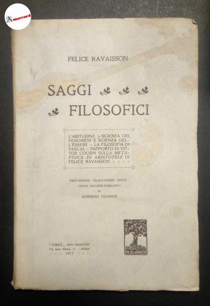 Ravaisson Felice, Saggi filosofici, Tiber, 1917 - copertina