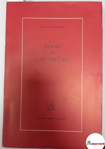 Weininger Otto, Sesso e carattere, Bocca, s.d - Otto Weininger - copertina