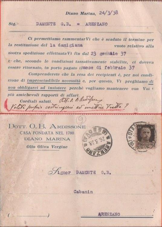 Cartolina postale ditta Ardissone. Diano M. 1938. Sollecito restituzione vuoto - copertina