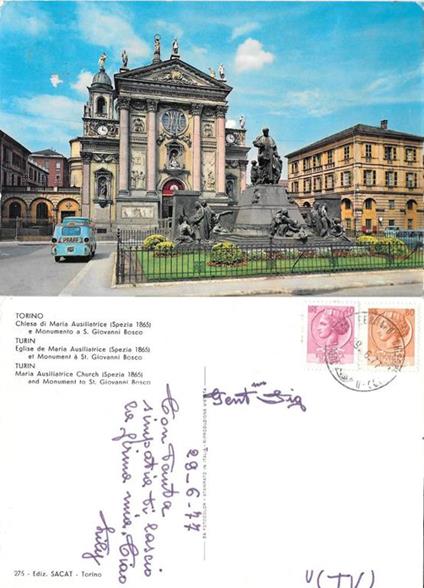 Torino. Maria Ausiliatrice e monumento a don Bosco. Viaggiata 1977. Auto pubblicitaria - copertina