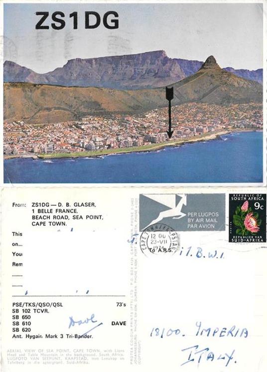 Cape Town. Cartolina conferma radioamatore. Viaggiata 1974 - copertina