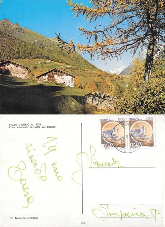 Vezza d'Oglio. Vista autunnale dell'Alta Val Grande. viaggiata 1983 - copertina
