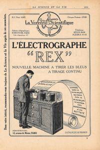 L' électrographie REX. Machine a tirer les blues a tirage continu. Pubblicita 1926 - copertina
