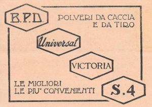 Bpd. Polveri Da Caccia E Da Tiro Universal, Victoria, S4, . Advertising 1937 - copertina