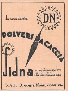 Polveri da caccia Sidna. Dinamite Nobel Avigliana. Advertising 1937 - copertina