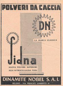 Polveri da caccia Sidna. Dinamite Nobel S.A.I. Avigliana. Advertising 1937 - copertina