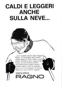 Maglieria Ragno. Caldi e leggeri anche sulla neve/Suole St. Moritz. Advertising 1969, fronte retro - copertina