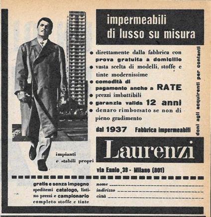 Laurenzi. Impermeabili di lusso su misura. Advertising 1956 - copertina