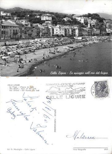 Celle Ligure. La spiaggia nell'ora del bagno. Viaggiata 1960 - copertina