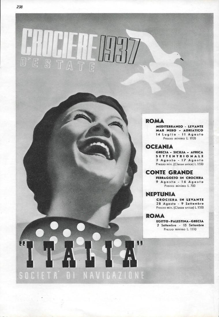 Agip carburanti/Crociere Italia di Navigazione. Advertising 1937 fronte retro