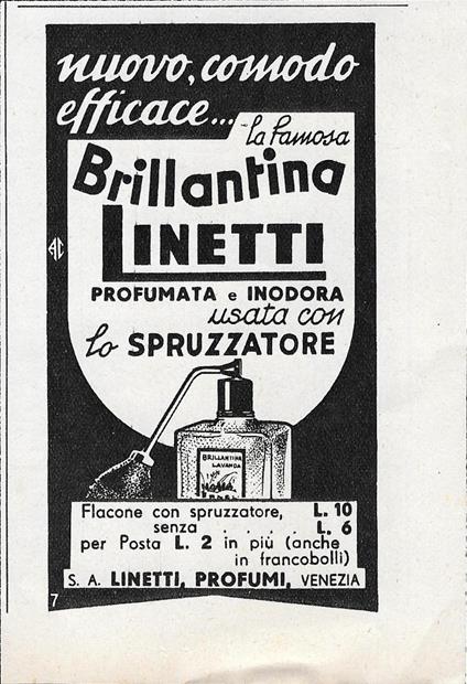 Brillantina Linetti con spruzzatore. Advertising 1942 - copertina