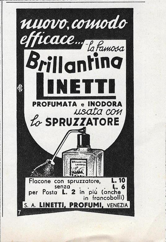 Brillantina Linetti con spruzzatore. Advertising 1942 - copertina