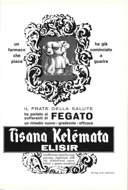 Tisana Kelemata Elisir. Il frate della salute. Advertising 1963 - copertina
