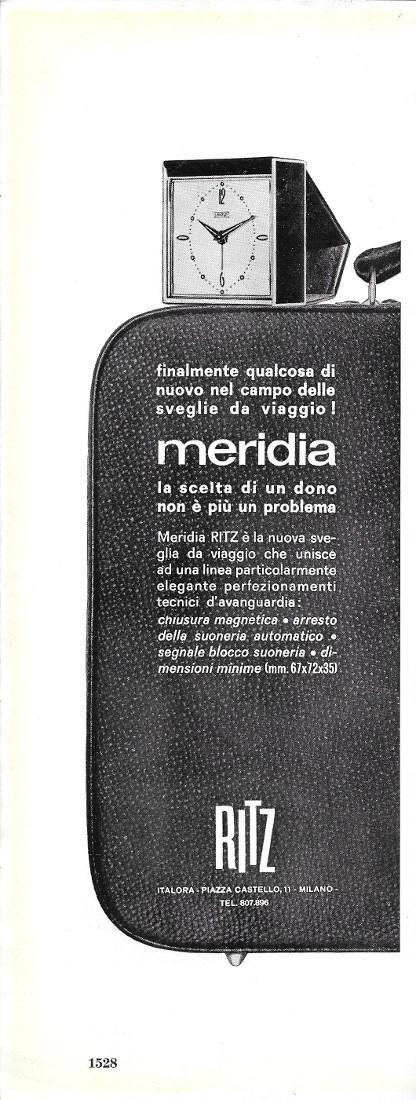 Sveglia da viaggio Meridia Ritz. Advertising 1963 - copertina