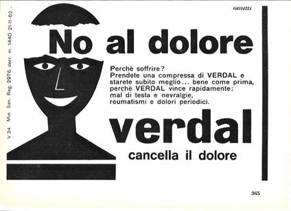 Verdal cancella il dolore. Advertising 1963 - copertina