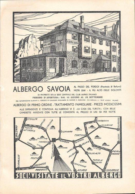 Albergo Savoia al Passo del Pordoi/Olio Sasso. Advertising 1935 - copertina