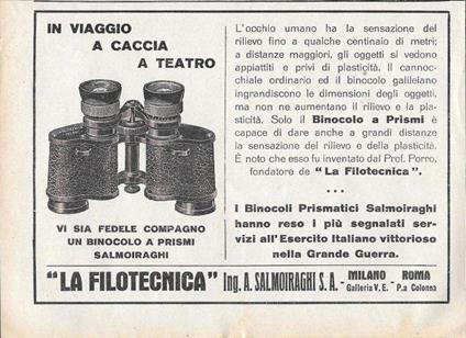 Binocolo a Prismi Salmoiraghi. La Filotecnica. Advertising 1928 - copertina
