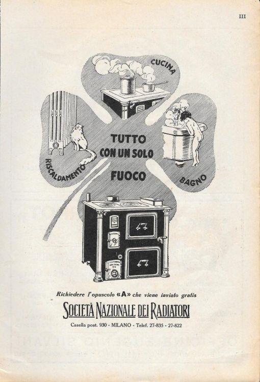Società Nazionale dei Radiatori. Tutto con un solo fuoco. Advertising 1928 - copertina