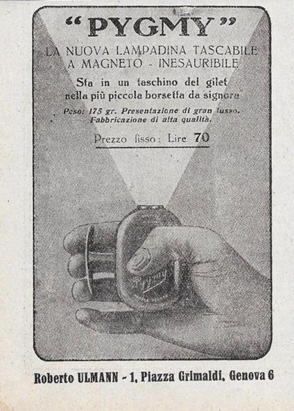 Pygmy - La nuova lampadina tascabile a magneto. Advertising 1928 - copertina