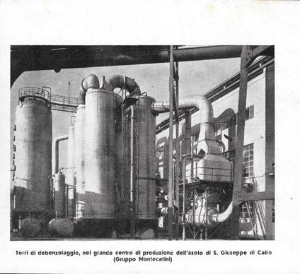 Torri di debenzolaggio, nel centro di produzione dell'azoto, Gruppo Montecatini. S. Giuseppe di Cairo. Stampa 1938 - copertina