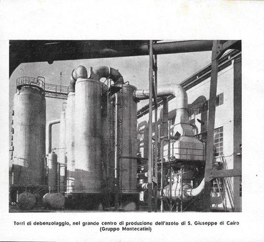 Torri di debenzolaggio, nel centro di produzione dell'azoto, Gruppo Montecatini. S. Giuseppe di Cairo. Stampa 1938 - copertina