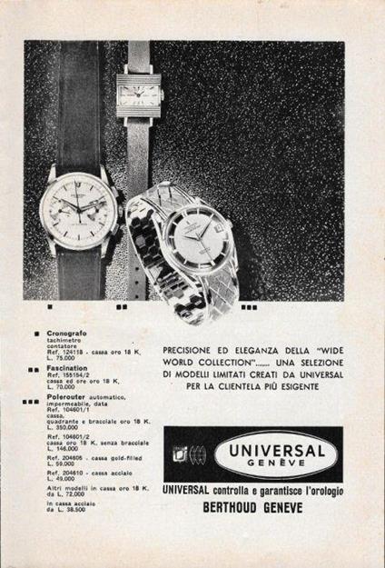 Universal Genève, controlla e garantisce l'orologio Berthoud Genève. Advertising 1963 - copertina