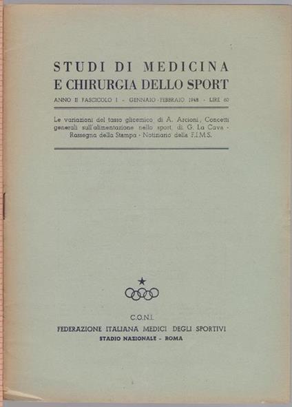 Studi di Medicina e Chirurgia dello Sport Anno II Fascicolo I Gennaio Febbraio 1948 - copertina