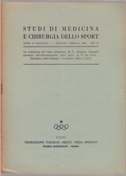 Studi di Medicina e Chirurgia dello Sport Anno II Fascicolo I Gennaio Febbraio 1948 - copertina