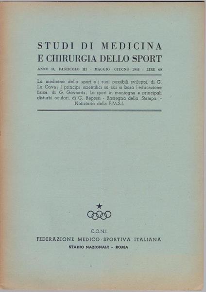 Studi di Medicina e Chirurgia dello Sport Anno II Fascicolo III Maggio Giugno 1948 - copertina