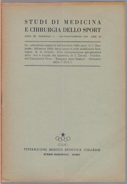 Studi di Medicina e Chirurgia dello Sport Anno III Fascicolo I- Gennaio Febbraio 1949 - copertina