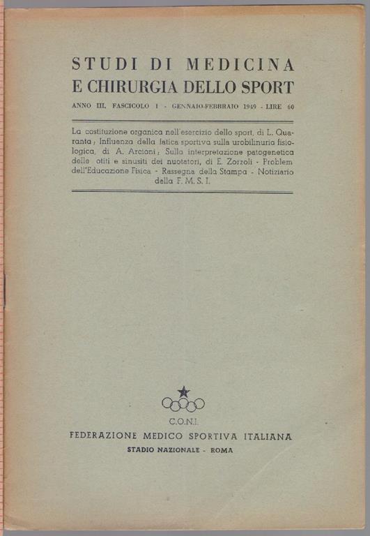 Studi di Medicina e Chirurgia dello Sport Anno III Fascicolo I- Gennaio Febbraio 1949 - copertina