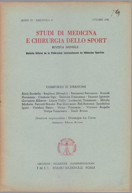 Studi di Medicina e Chirurgia dello Sport Anno IV Fascicolo X - Ottobre 1950 - copertina