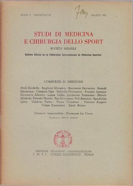 Studi di Medicina e Chirurgia dello Sport Anno V Fascicolo III- Marzo 1951 - copertina