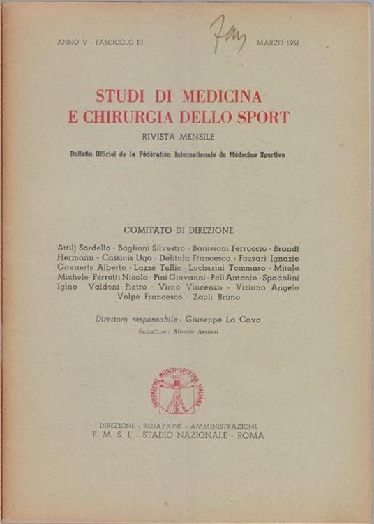 Studi di Medicina e Chirurgia dello Sport Anno V Fascicolo III- Marzo 1951 - copertina