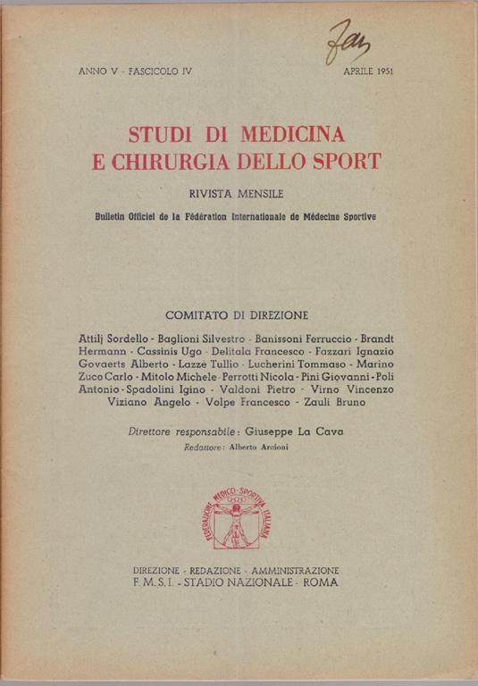 Studi di Medicina e Chirurgia dello Sport Anno V Fascicolo IV- Aprile 1951 - copertina