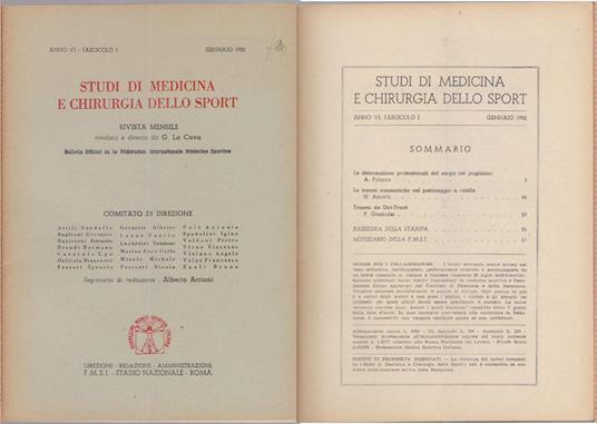Studi di Medicina e Chirurgia dello Sport Anno VI Fascicolo I- Gennaio 1952 - copertina